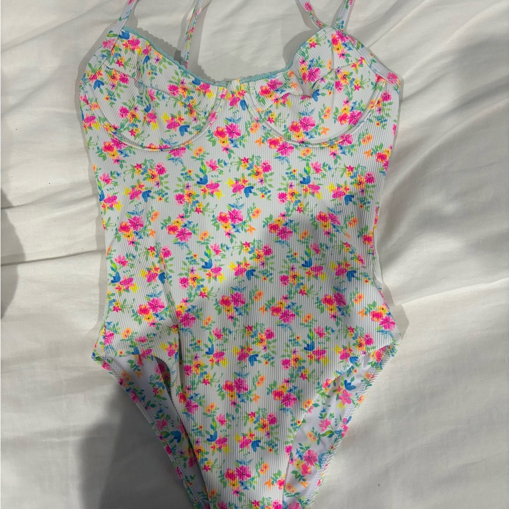 Kulani Kinis Colorful Floral Double Ruffle Underwire One Piece Swimsuit